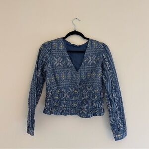 Blue Patterned Long Sleeve Blouse